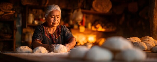 Woman baking bread for Day of the Dead celebration. Elderly mexican baker preparing traditional pan de muerto. Homemade food for autumn holiday.