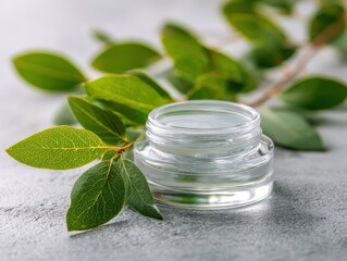 Natural skincare cream jar with leaves on grey background