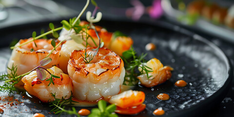 Gourmet pan-seared scallops served with fresh herbs and a delicate sauce on a dark plate