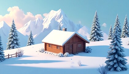 Cozy Winter Cabin in Snowy Landscape with Majestic Mountain Backdrop