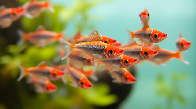 rummy-nose tetra shoal, red headed tender dwarf ornamental characin fish, active and funny pet, easy to keep in nature style aquarium, good for beginner, shallow dof, blurred background