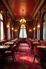 Luxurious golden saloon interior, gleaming wood paneling, plush velvet seating, elegant chandeliers, and ornate details create a sophisticated ambiance , gleam, establishment, design