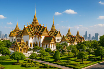 Naklejka premium Panoramic view of Grand Palace in Bangkok, golden rooftops shining under bright daylight, surrounded by lush gardens and city background, majestic and historic atmosphere, cinematic