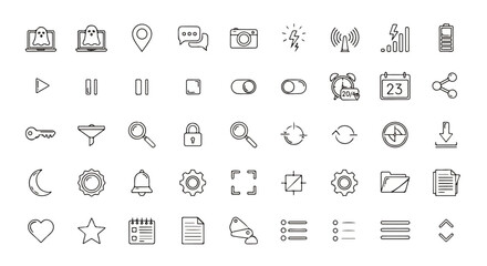 Collection of Linear Black UI Icons:  Multimedia, Settings, and Navigation Symbols