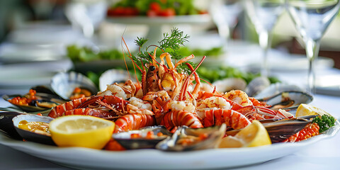 Luxurious seafood platter with lobster, shrimp, and oysters, artfully arranged with lemon and herbs.