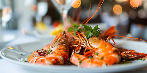 Gourmet grilled prawns served elegantly on a white plate with fresh parsley garnish.