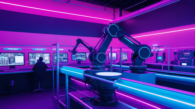 A robotic arm operates on an automated production line, illuminated by vibrant pink and purple neon lights. - Powered by Adobe