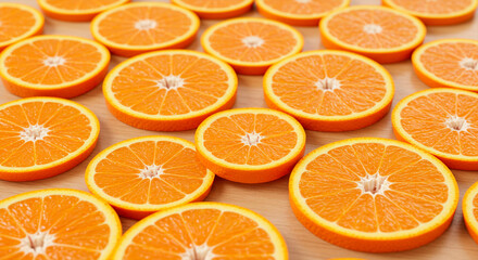 Vibrant and Juicy Orange Slices Scattered on a Wooden Background
