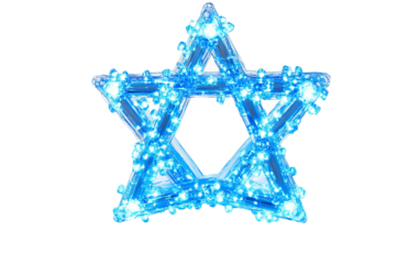 Illuminated Star of David crafted from bright blue fairy lights representing Jewish culture spirituality and celebration isolated on transparent background PNG