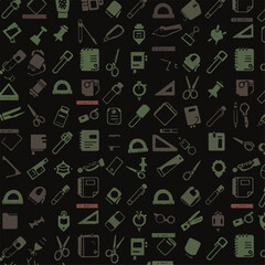Seamless Pattern of Stylized School and Office Supplies in Muted Green and Gray Tones