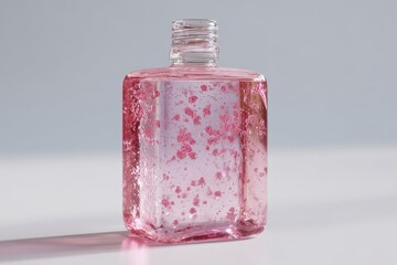 Pink liquid in square bottle on white background.  Product photography for website use