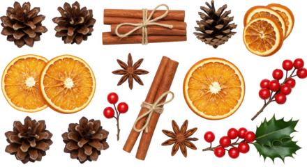Festive Winter Holiday Elements Including Pine Cones Cinnamon Sticks Star Anise Orange Slices And Holly Berries