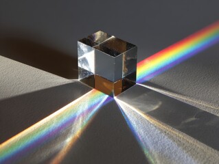 Prism refracting light, rainbow spectrum, grey background, science experiment