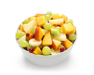 Bowl with fresh fruit salad on white background