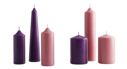 Various sizes of thick and thin candles in purple and pink on a black background