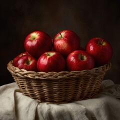 Red apples in wicker basket, dark background, still life, food photography (1)