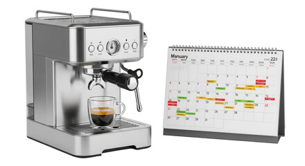 A brushed stainless steel espresso machine making a shot of espresso isolated on transparent background