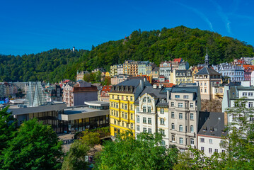 Obraz premium Colourful houses at Karlovy Vary promenade, Czech republic