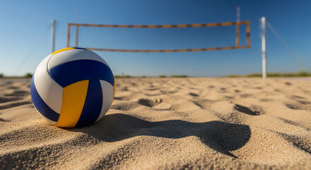 Volleyball on sand under bright midday sunlight