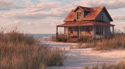Rustic beach house at sunset (1)