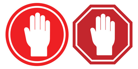 Stop sign icon with hand, do not enter. Stop hand, hand gesture. Warning stop sign. Stop icon set. stop road sign. hand stop icon vector. eps 10