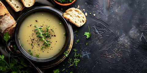 Hearty, warm soup served with crusty bread on a dark rustic surface, garnished with fresh herbs.