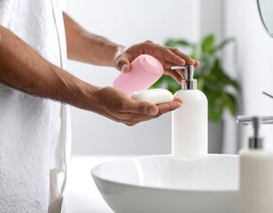 Man in bathrobe washes hands with soap and dispenser