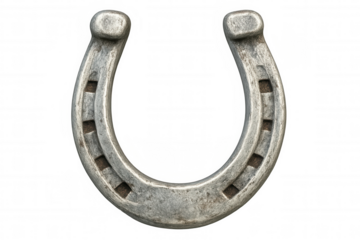 Metallic horseshoe hanging against transparent backdrop, symbolizing luck, wealth, and spiritual shielding from misfortune