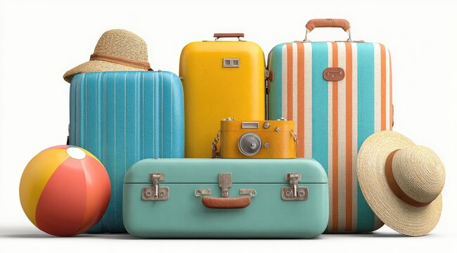 Colorful travel suitcases and beach items