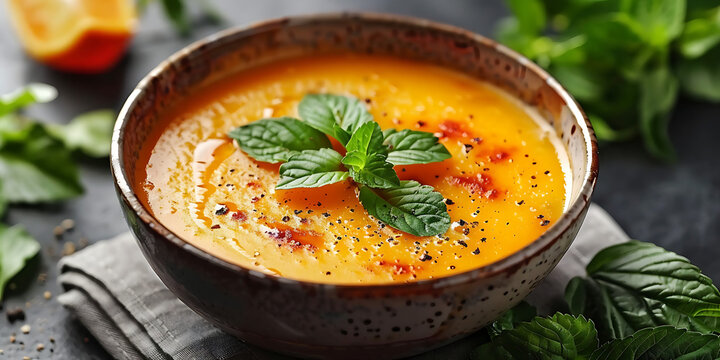 Warm and inviting bowl of creamy orange soup garnished with fresh mint and red pepper flakes - Powered by Adobe