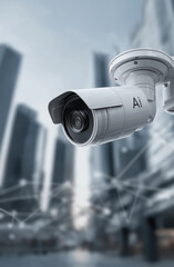 A sleek AI surveillance camera focused on a modern urban environment, highlighting technology's role in security and monitoring.