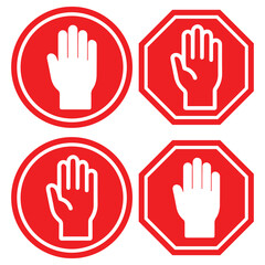 Stop sign icon with hand, do not enter. Stop hand, hand gesture. Warning stop sign. Stop icon set. stop road sign. hand stop icon vector. eps 10