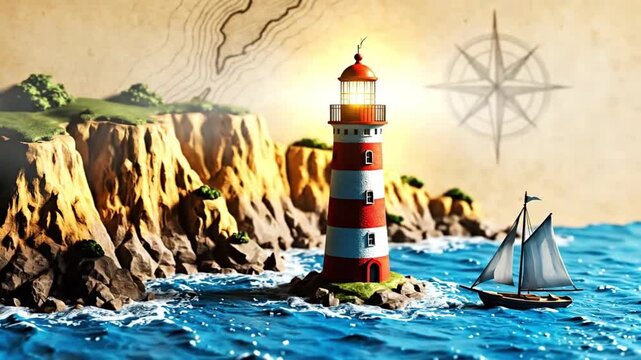 A map of the ocean with a lighthouse and a sailboat