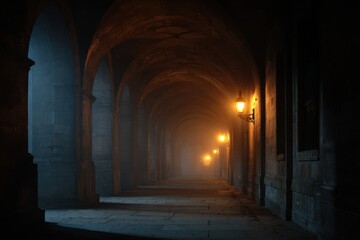 Fototapeta premium Mysterious Pathway Illuminated by Soft Lanterns in an Enigmatic Archway at Night