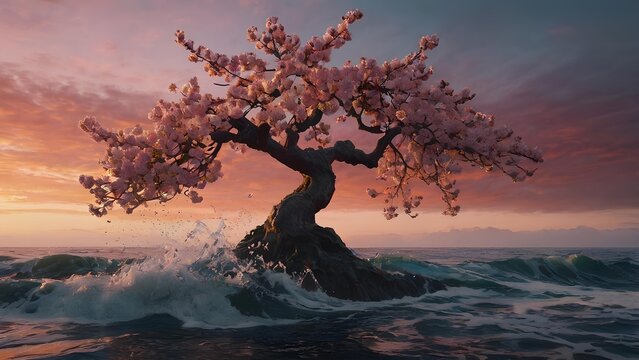 a lone cherry blossom in the ocean
