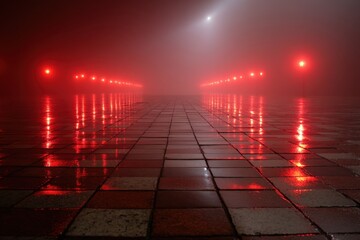 Obraz premium Foggy Night Scene with Red Street Lights Reflecting on Wet Pavement