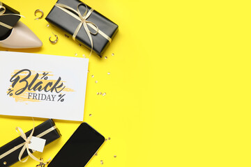 Obraz premium Black Friday sale greeting card with mobile phone, shoes, jewellery and gift boxes on yellow background