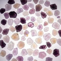 An abstract, top-down composition of raw, uncut semi-precious gemstones in shades of purple and pink scattered on an illuminated surface