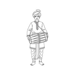 Indian Musician with Dhol Drum in Traditional Costume Line Art. Male Performer Coloring Page Illustration.
