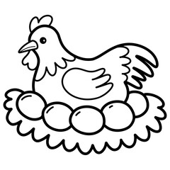 Cartoon illustration outline of a hen with eggs 