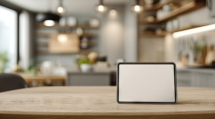 Blank tablet on wooden table in kitchen