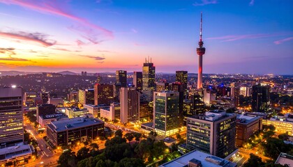 Fototapeta premium City Skyline Dusk Aerial View