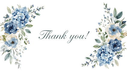 Beautiful watercolor floral frame with blue hydrangeas and a Thank You message. Hand-painted botanical illustration for greeting cards