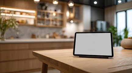 Modern kitchen, tablet on wooden table (1)