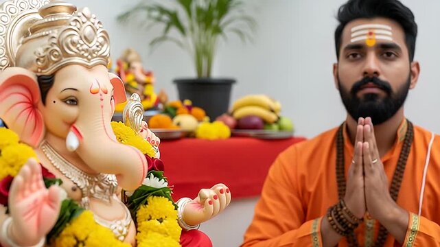 Devotee in Orange Attire with Hands Folded in Prayer Beside a Ganesha Statue and Offerings