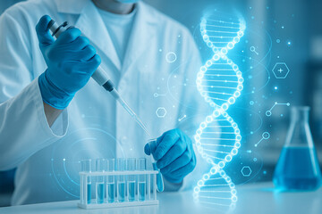 Fototapeta premium AI generated scientist in modern laboratory using pipette with glowing DNA graphics symbolizing molecular biology precision innovation and biotechnology research in clean advanced lab atmosphere