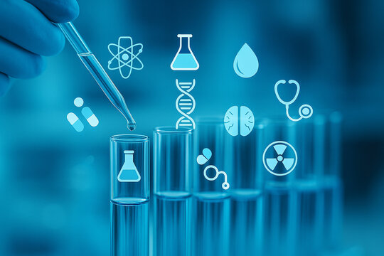 AI generated glass test tubes with digital icons of dna atom and medical science in blue tone modern laboratory symbolizing research precision purity and biotechnology - Powered by Adobe