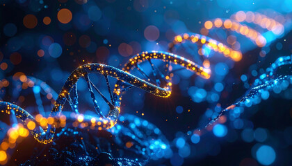DNA Strand's Illuminated Dance: A visually striking depiction of a glowing DNA strand, artfully lit with vibrant orange and blue hues, symbolizing the beauty and complexity of life's code.
