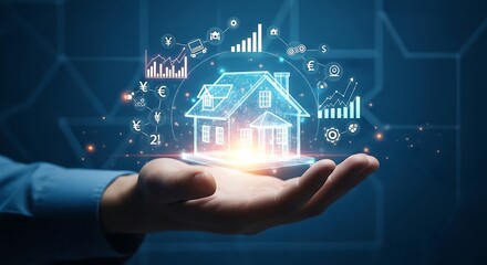 Hand holding a holographic house with financial data