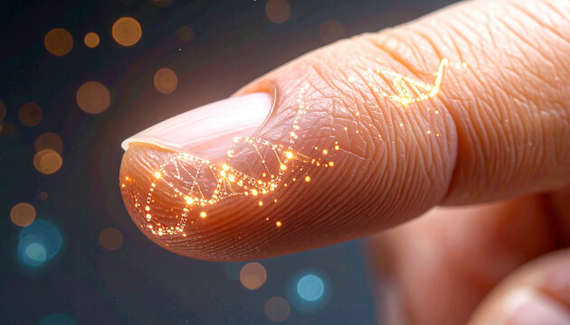 Decoding the Human Code: A close-up view of a finger illuminated by the ethereal glow of a DNA strand, symbolizing the mysteries of science and innovation.